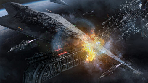 Star Wars Imperial Star Destroyer vs Warhammer 40k Spaceship Battle 4K Wallpaper