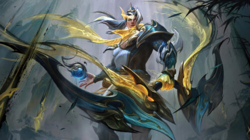 Fantasy Warrior with Glowing Golden Blades and Magical Orb 4K Desktop Wallpaper