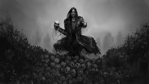 Dark Fantasy Reaper Standing on a Pile of Skulls 4K Desktop Wallpaper