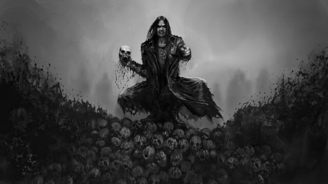 Dark Fantasy Reaper Standing on a Pile of Skulls 4K Desktop Wallpaper