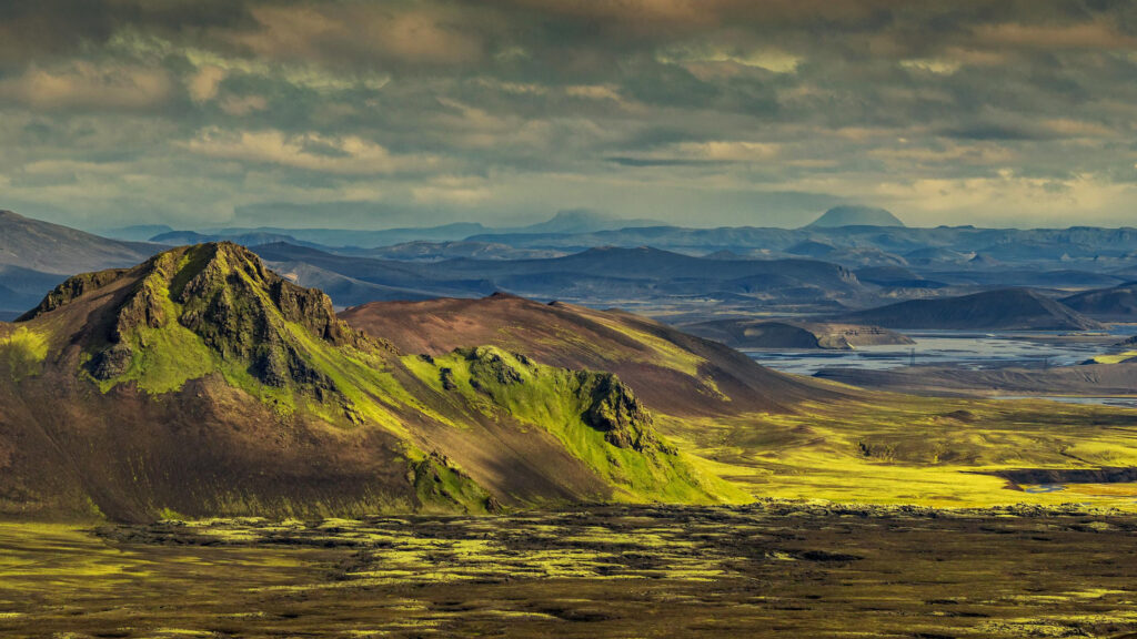 Stunning Icelandic Highland Landscape with Mossy Volcanic Peaks Desktop Wallpaper