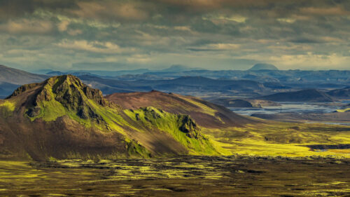 Stunning Icelandic Highland Landscape with Mossy Volcanic Peaks Desktop Wallpaper