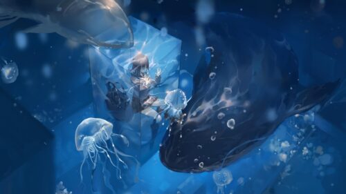 Anime Girl Floating with Whales and Jellyfish in Deep Blue Ocean Desktop Wallpaper