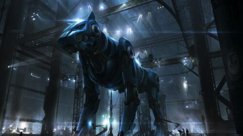 Blue Robotic Panther Mecha in Futuristic Factory 4K Wallpaper