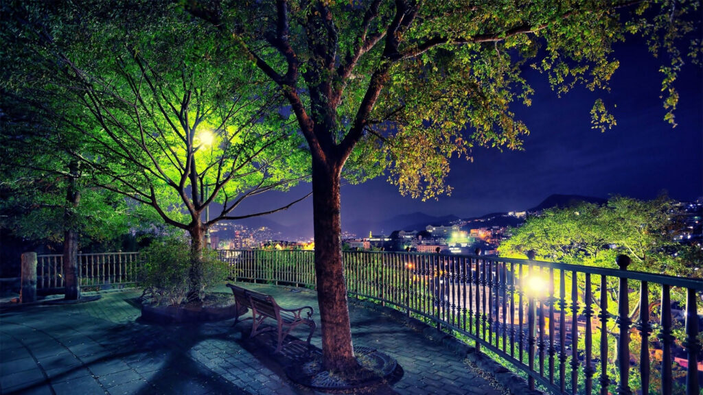 Nighttime Park Overlook City View with Bench and Trees 4K Wallpaper