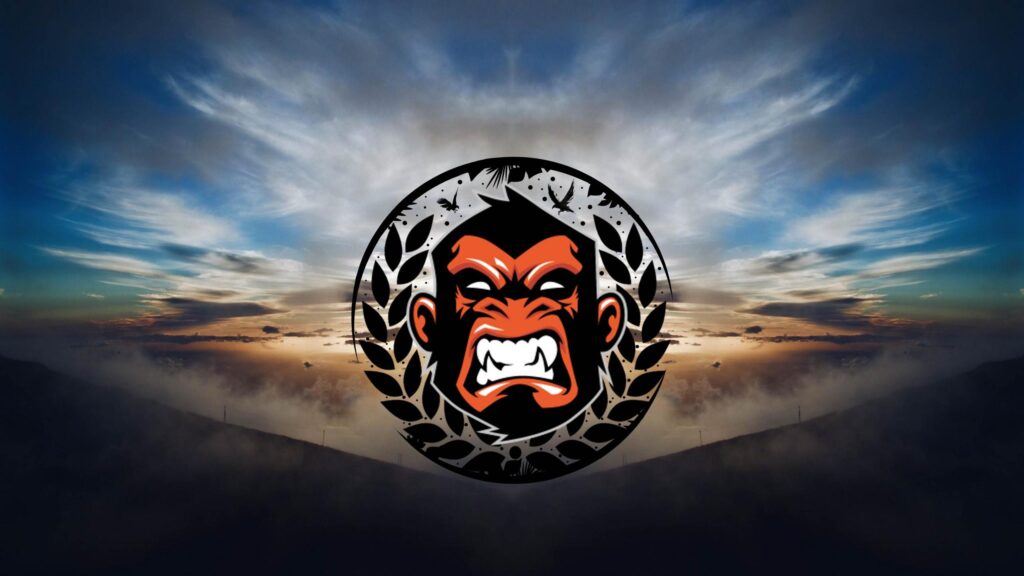 Angry Gorilla Emblem with Laurel Wreath Over Cloudy Sky PC Wallpaper
