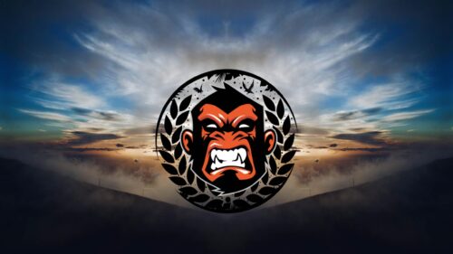 Angry Gorilla Emblem with Laurel Wreath Over Cloudy Sky PC Wallpaper