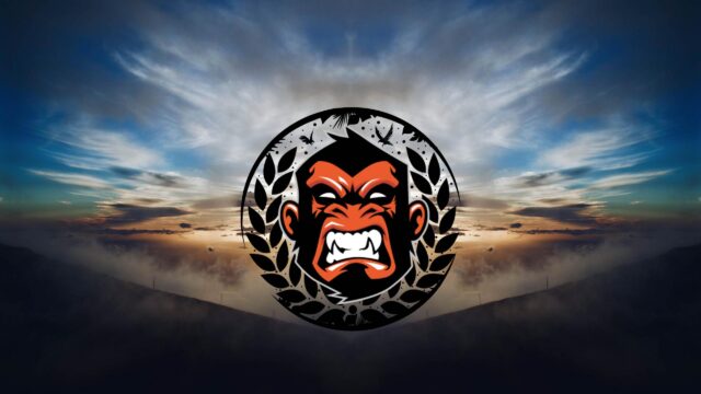 Angry Gorilla Emblem with Laurel Wreath Over Cloudy Sky PC Wallpaper