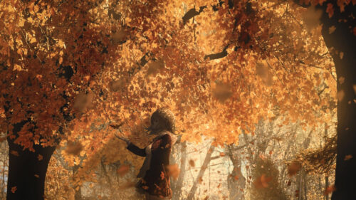 Anime Girl Reaching for Autumn Leaves in Golden Forest 4K Desktop Wallpaper