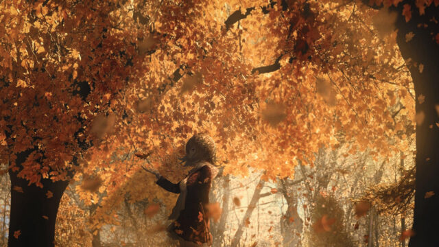 Anime Girl Reaching for Autumn Leaves in Golden Forest 4K Desktop Wallpaper