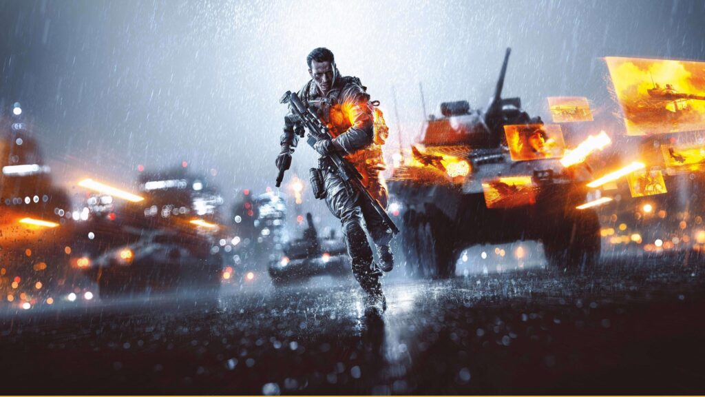 Battlefield 4 Soldier Running Through Rain and Explosion PC Wallpaper