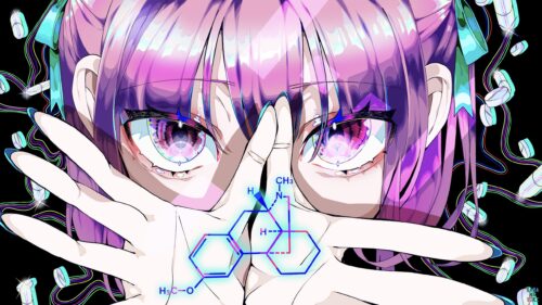 Anime Girl with Neon Chemical Structure Cyberpunk Aesthetic Desktop Wallpaper