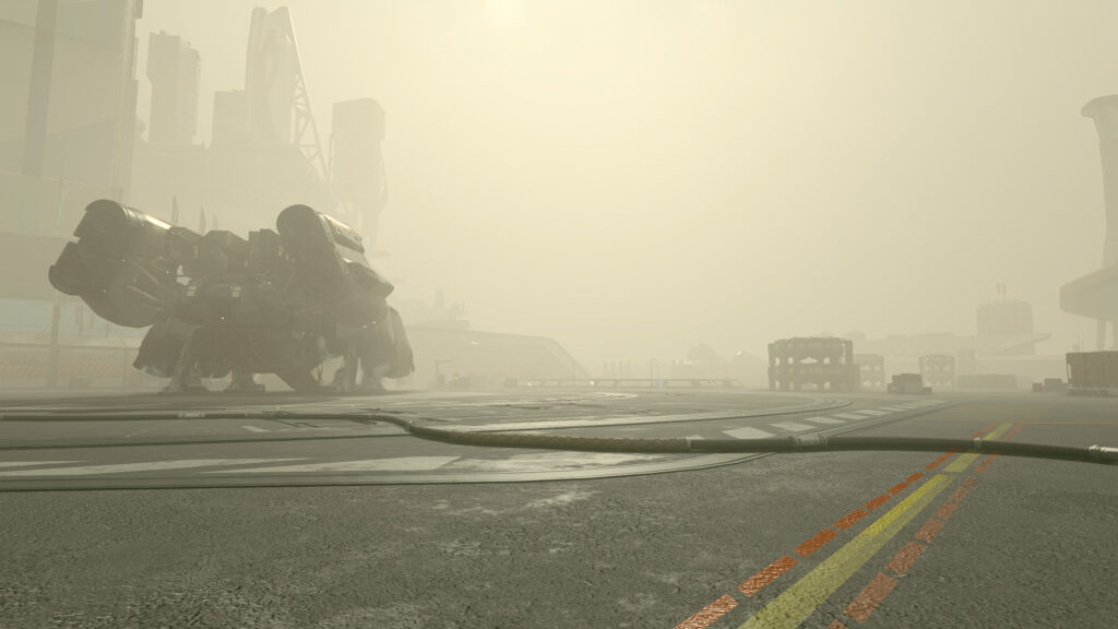 Futuristic Spaceship on Sandy Landing Pad in Dusty Atmosphere PC Wallpaper