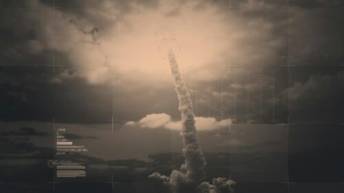 Military Rocket Launch with HUD Overlay Desktop Wallpaper