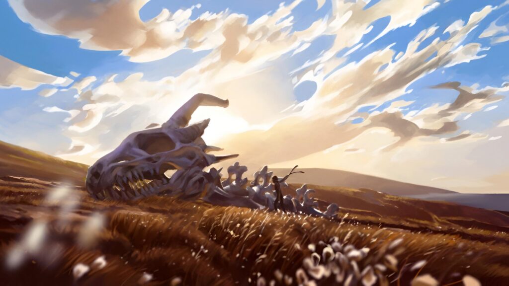 Stunning Fantasy Landscape with Giant Dragon Skeleton Desktop Wallpaper