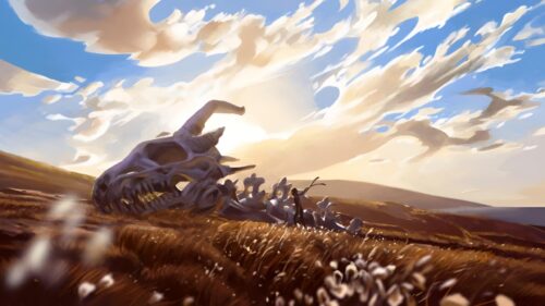 Stunning Fantasy Landscape with Giant Dragon Skeleton Desktop Wallpaper