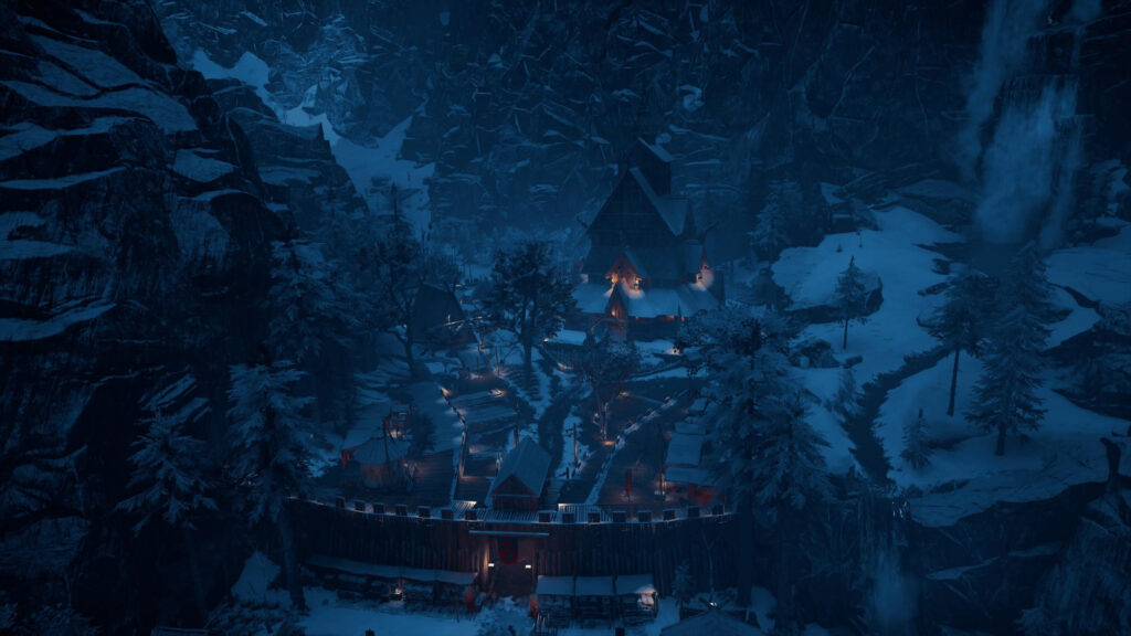 Viking Village in Snowy Mountain Valley at Night 4K Desktop Wallpaper