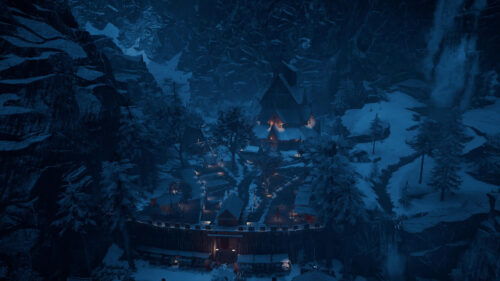 Viking Village in Snowy Mountain Valley at Night 4K Desktop Wallpaper