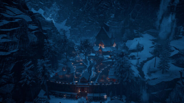 Viking Village in Snowy Mountain Valley at Night 4K Desktop Wallpaper