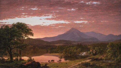 Stunning Sunset Landscape Painting with Mountain and Lake Desktop Wallpaper