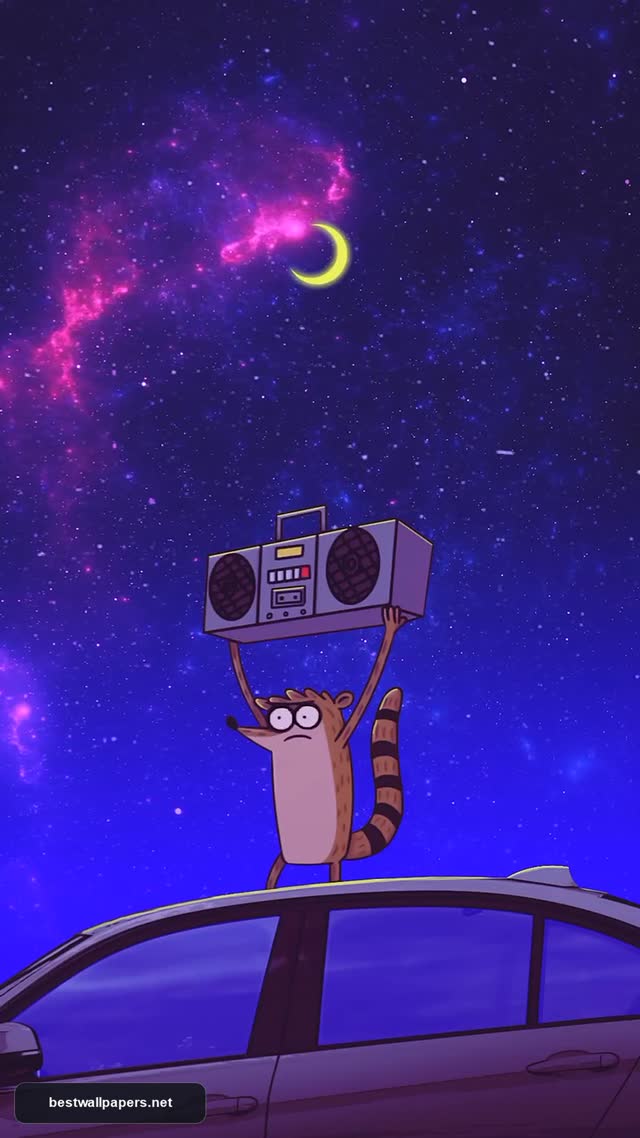 Rigby Regular Show Aesthetic Wallpaper: Raccoon Holding Boombox Under Galaxy Night Sky