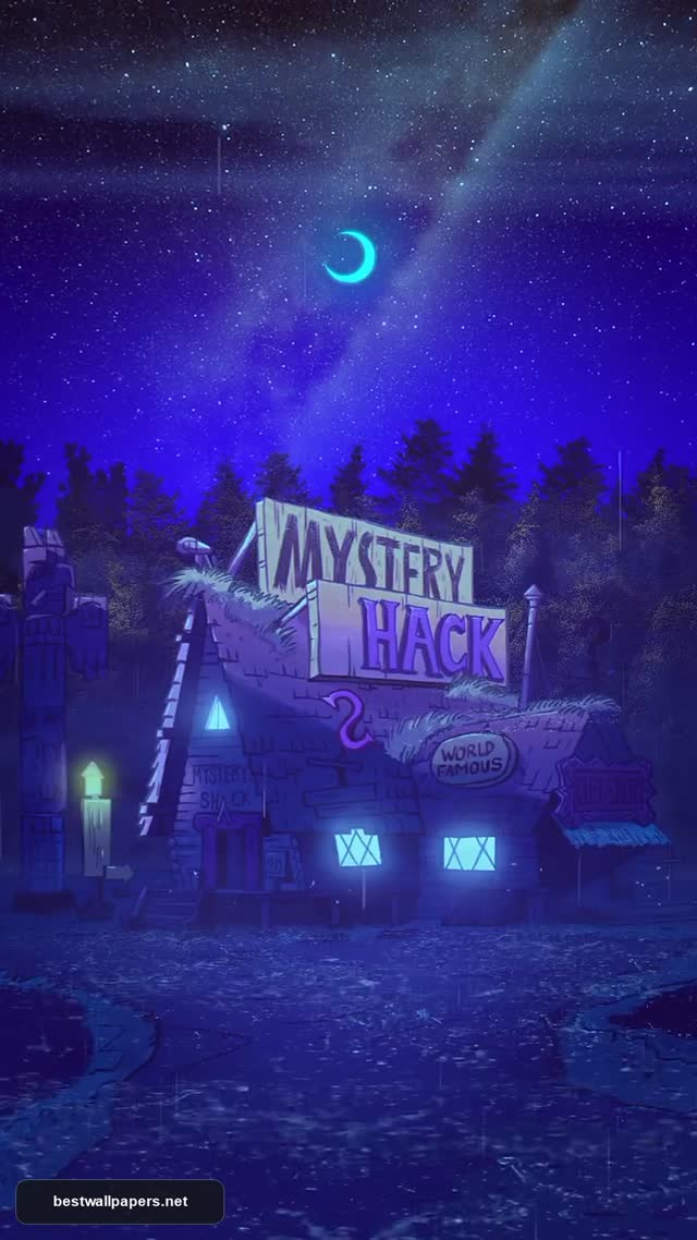 Gravity Falls Mystery Shack Night Aesthetic Wallpaper – Enchanting Forest Scene