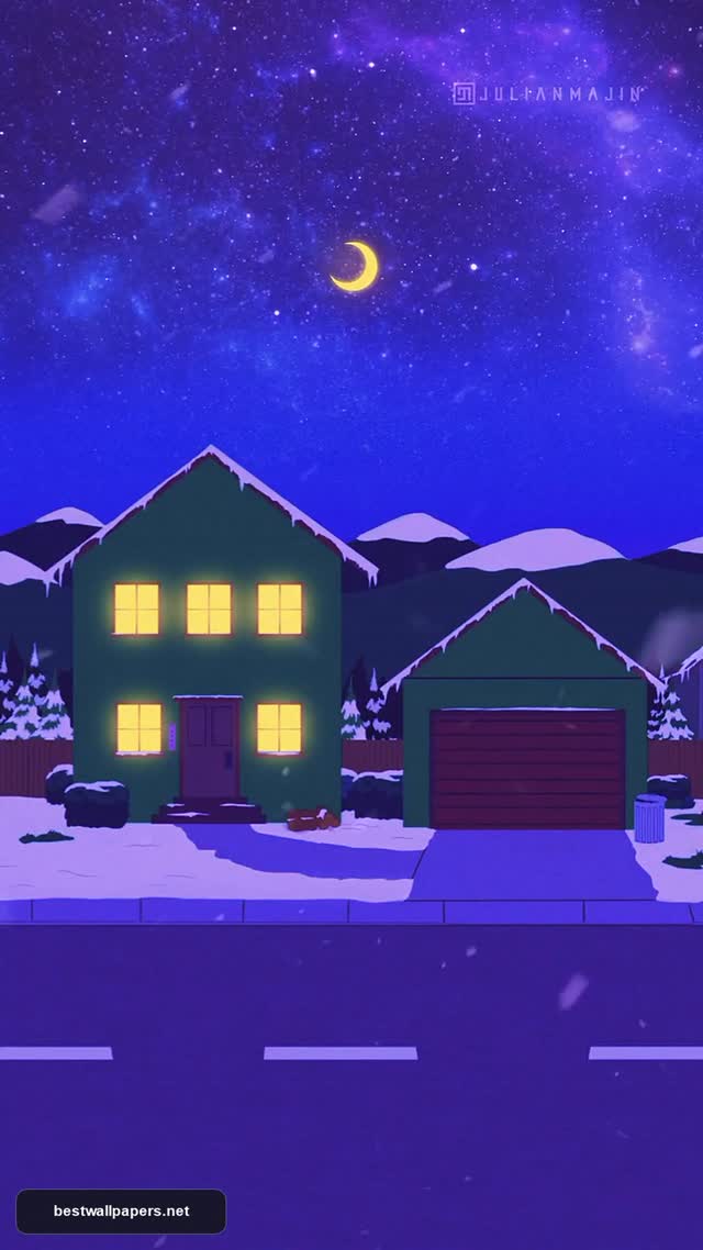 Cozy Winter Night Landscape Aesthetic – Serene Snowy House Wallpaper