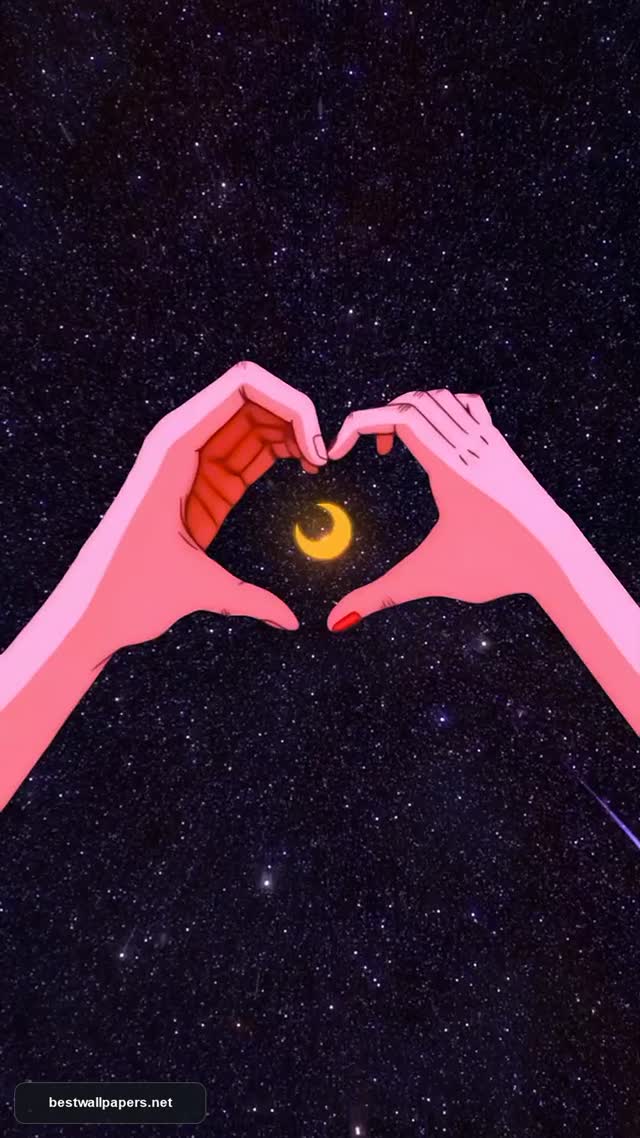 Dreamy Aesthetic Heart Hands with Crescent Moon Night Sky Wallpaper