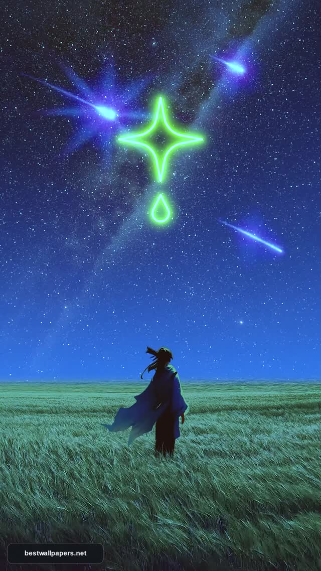 Anime Style Lone Traveler Under Neon Night Sky Starry Wallpaper
