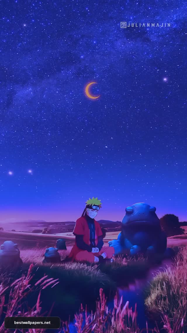 Naruto Uzumaki Meditating Under Night Sky with Toads Anime Wallpaper