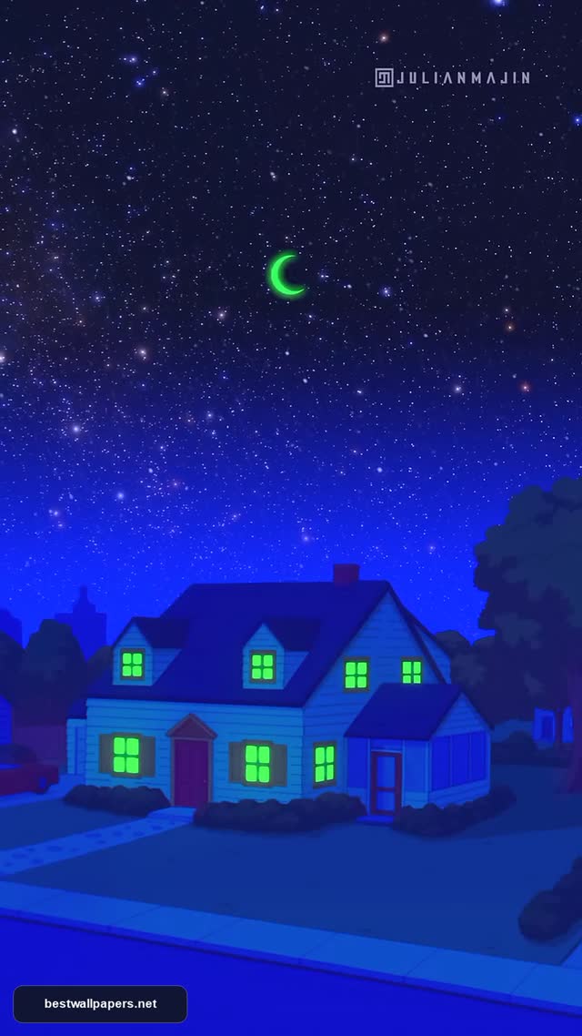 Aesthetic Anime Style Night House with Glowing Moon and Starry Sky Background