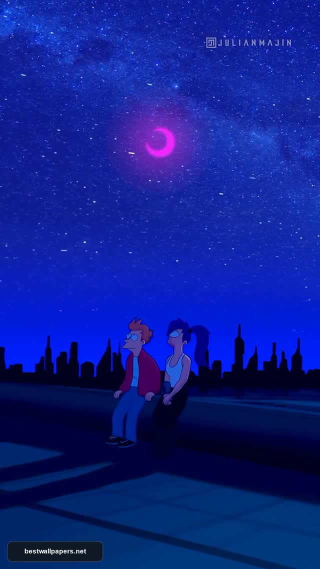 Futurama Fry and Leela Under a Neon Pink Moon Night Sky Aesthetic Wallpaper