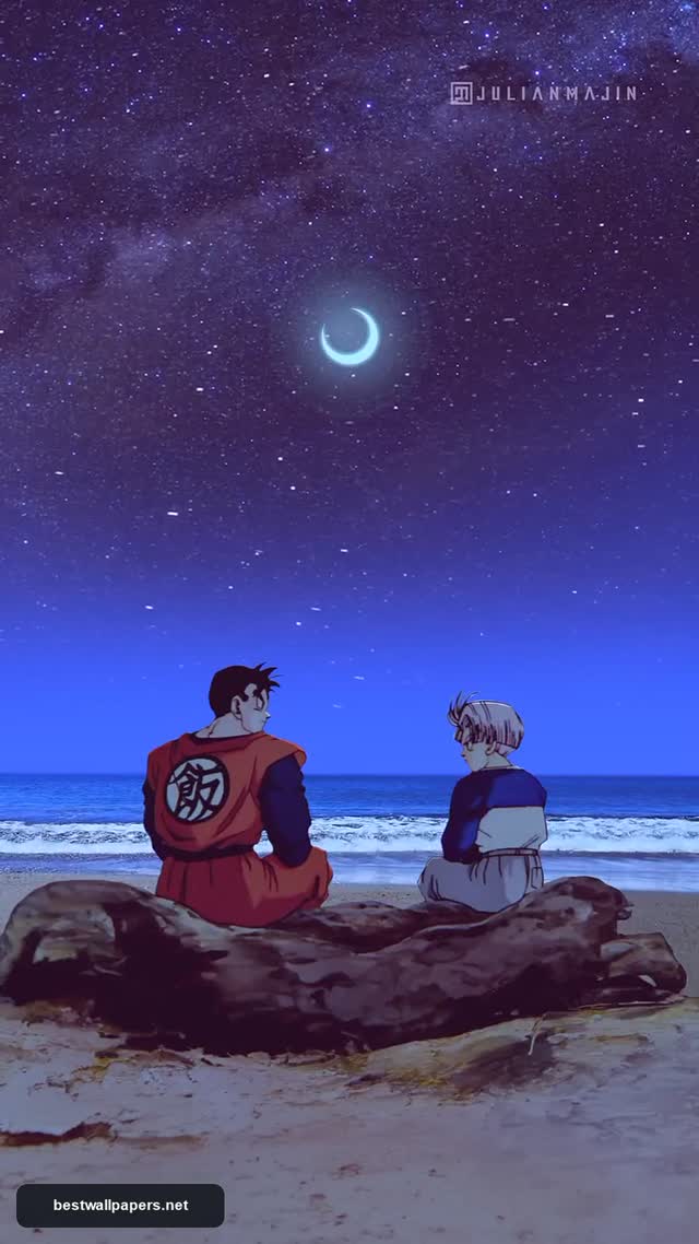Gohan and Future Trunks Reflecting by the Sea at Night Anime Wallpaper