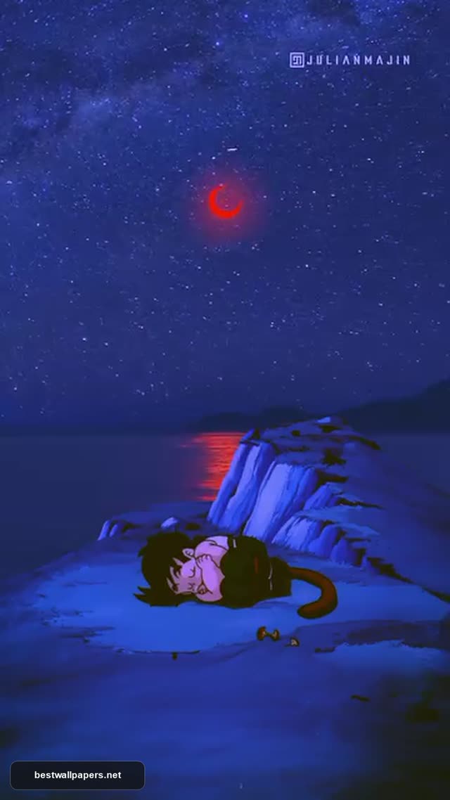 Aesthetic Dragon Ball Z Kid Goku Sleeping Under a Red Crescent Moon Night Sky