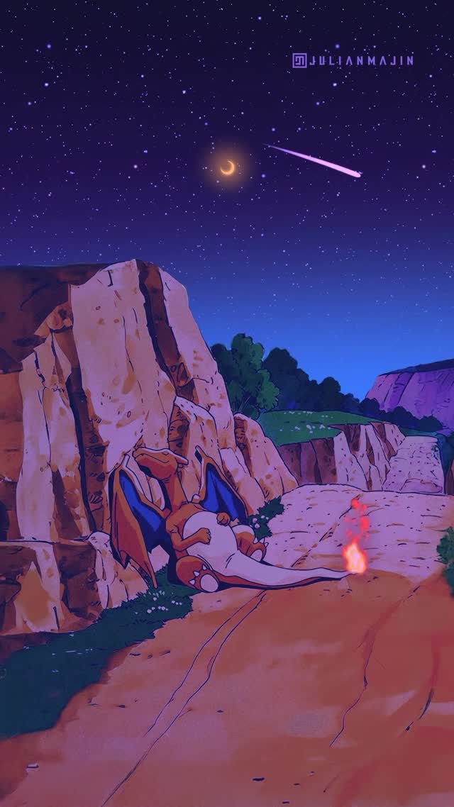 Resting Fire Dragon Under Starlit Sky Live Wallpaper